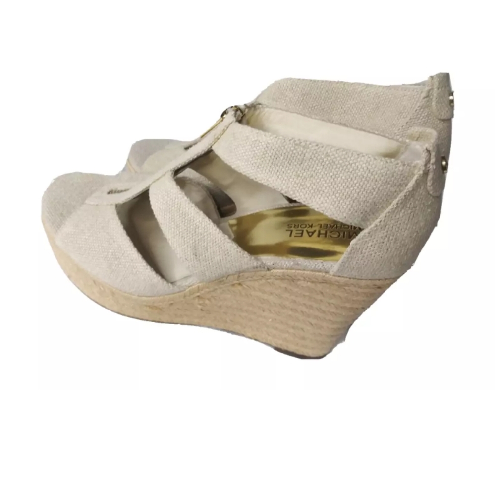 Michael Kors Damita Wedge Shoes Size 9.5M Khaki Heels Gold Zip Accent - Picture 3 of 11